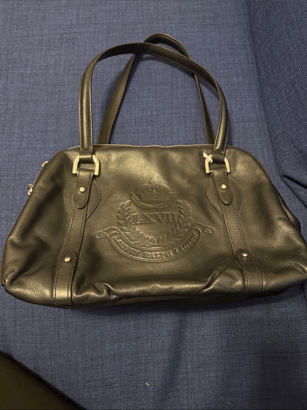 Ralph Lauren Black Leather Tote Handbag with Embossed Crest